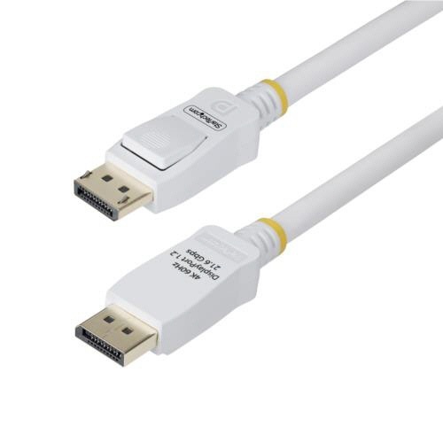 DisplayPort　1.2ケーブル　3m　4K/60Hz　オス-オス　ホワイト　1本 長さ3mのホワイトケーブルがオス端子で向かい合う様子