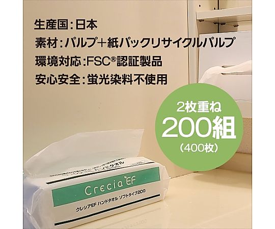 218x230mm ハンドタオル(200組/30パック) パッケージが立てられ、シンプルなデザインが確認できる状態