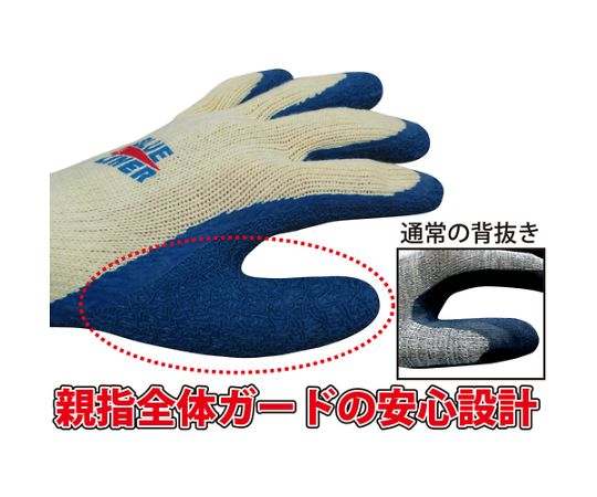 天然ゴム背抜き手袋　ブルーライナー　S 側面が鮮やかな青色で、手の形に沿ったフィット感が感じられる状態