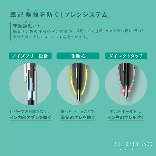 3色エマルジョンボールペン　ブレン3C　0.7mm　(軸色:ブルーグリーン)　1本 ペン先が強調された、角度をつけた配置での撮影
