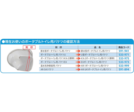 節水型ポータブルトイレ用バケツ 黒いバケツが直立しており、持ち手が見える状態