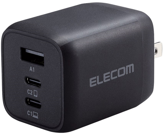 ノートPC用ACアダプター USB充電器 USB Power Delivery対応 PPS対応 65W USB-C2ポート USB-A1ポート スイングプラグ ブラック画像