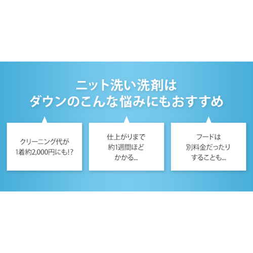 洗濯用洗剤　ダウンも洗えるニット洗い洗剤　徳用 パッケージの側面が見え、成分情報や使用方法が記載されている様子