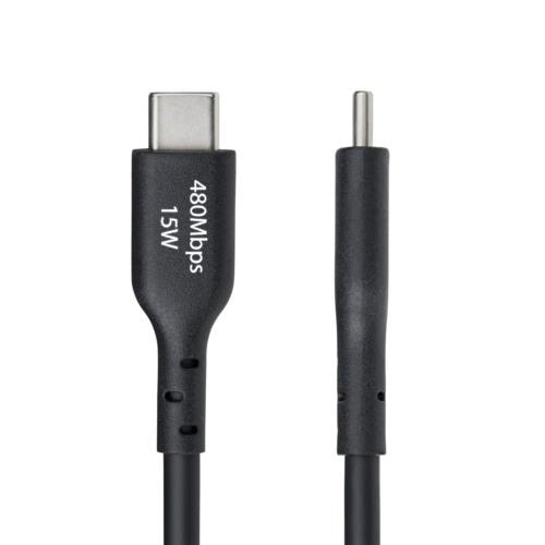 USB2.0ケーブル　Type　A(オス)-Type　C(オス)　3m　ブラック　1本 黒いケーブルがゆるく巻かれ、長方形の片側端子と小型のリバーシブル端子が手前に並んで見える状態