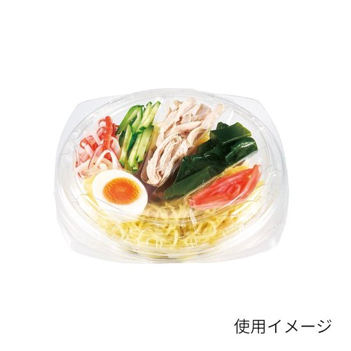 冷麺容器 バイオボール ジャスト 4K 194-42B リスパック 透明な容器に入った冷麺とトッピングが美しく配置された様子