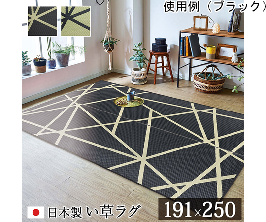 ラグ　い草　モダン　ウレタン　自然素材　ブラック　約191×250cm 黒いウレタンのラグが床に広げられた状態、周囲に洗練されたモダンなデザインが際立つ。