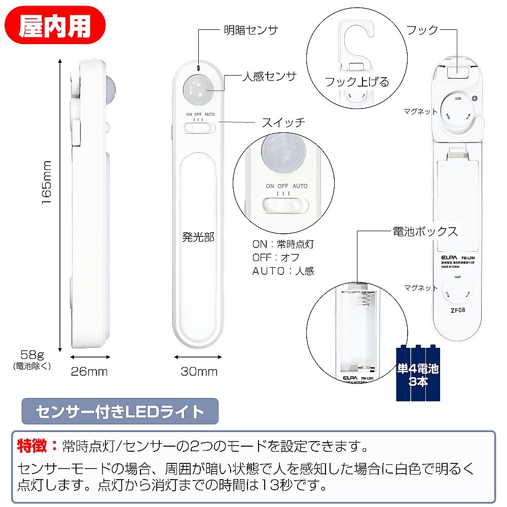 LEDセンサー付ライト 本体が壁に取り付けられた状態で照明が点灯している様子
