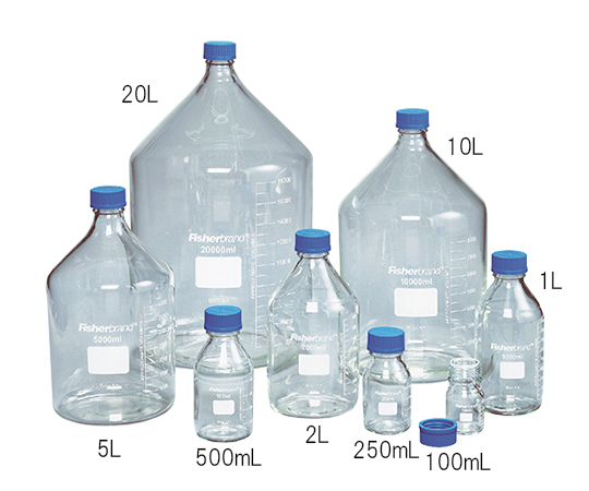 メジューム瓶（Fisherbrand） 20L 透明な容器が横向きに置かれ、栓が外された状態