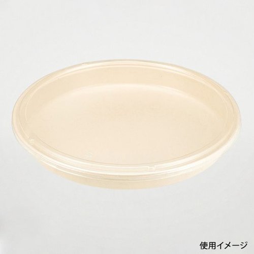 寿司容器 BB丸桶 6 ラミ 398φ×45H パックスタイル 透明な容器の上から見た様子、内部に寿司を収納するための空間が広がる