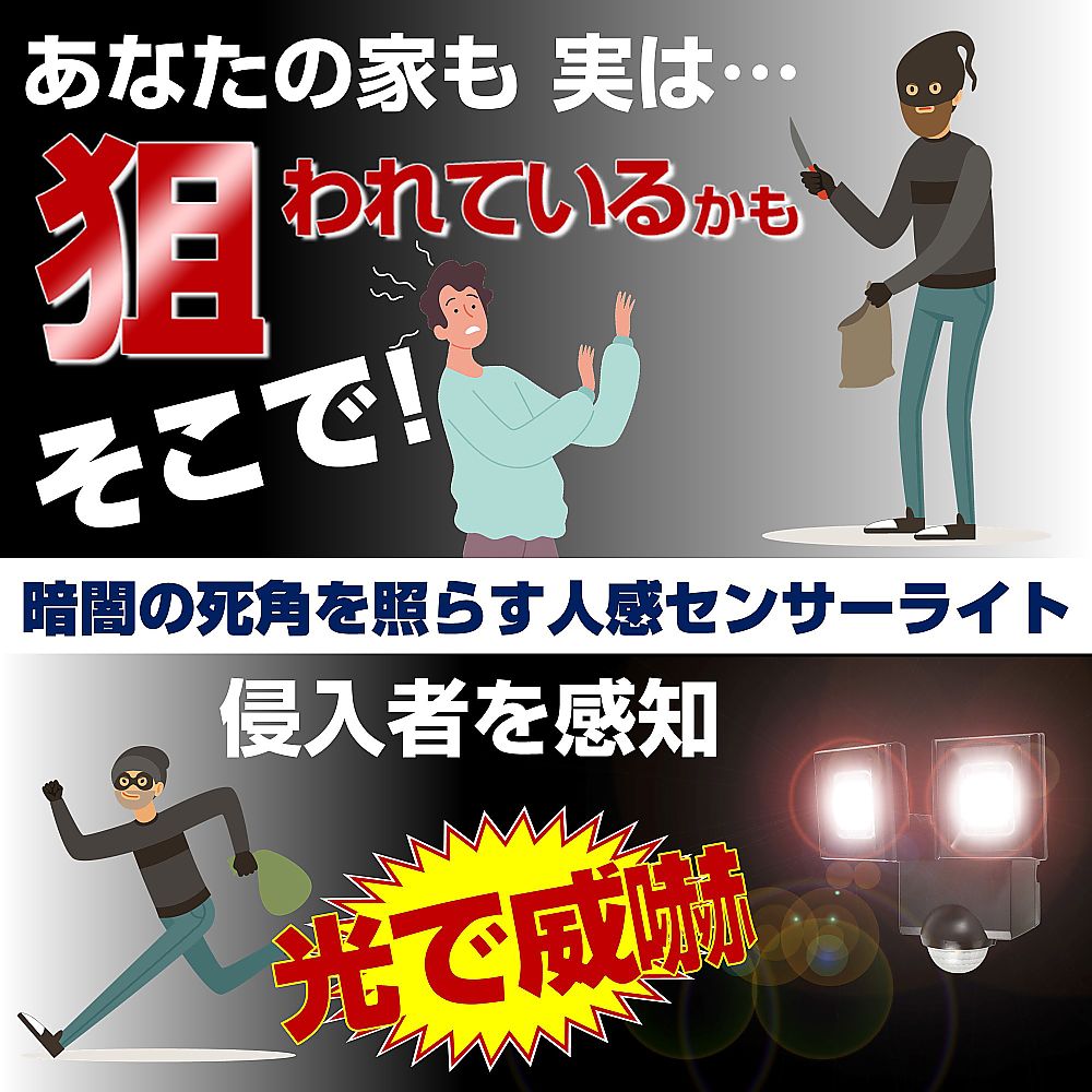 乾電池式　センサーライト 明るい光を放つセンサーが装備された商品が正面から見える状態