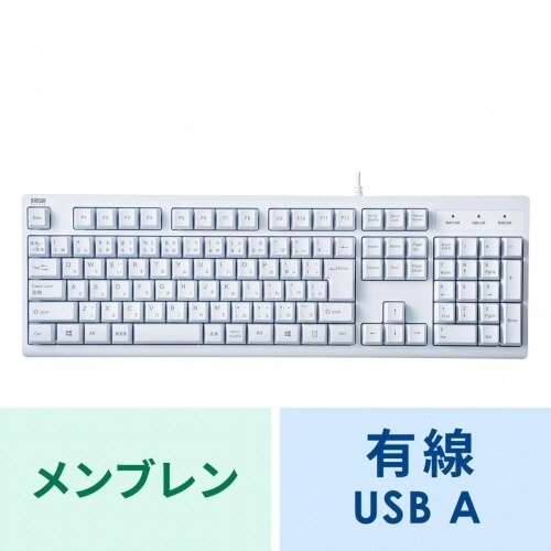 日本語109キーボード(USB)　ホワイト　RoHS指令準拠(10物質)　1台 白色のキーボードが整然と並び、USB端子が見える状態
