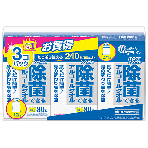 ｴﾘｴｰﾙ 除菌できるｱﾙｺｰﾙﾀｵﾙ つめかえ用 1ｾｯﾄ(240枚:80枚×3ﾊﾟｯｸ)画像