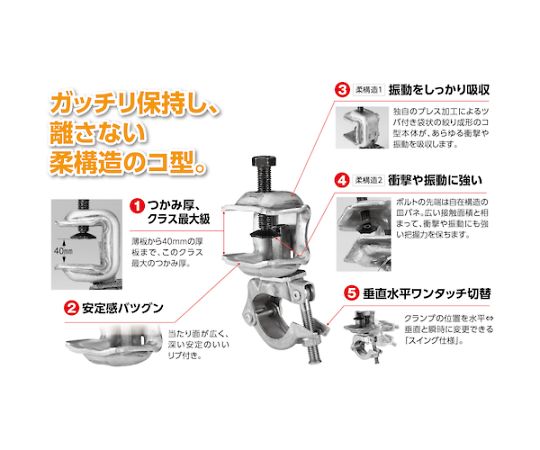 KSコ型クランプスイング固定型 クランプの金属部分が光沢を放ちながら、スイング機構が保持された状態