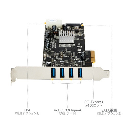 USB　3.0　4ポート増設PCI　Expressインターフェースカード　ブラック　1個 カードの基板が手前にあり、4つのUSBポートが露出している様子