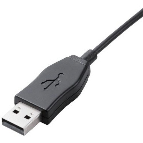 両耳オーバーヘッドタイプ　USB　ヘッドセット　約1.8m　ブラック　1個 イヤーカップが上向きでマイクブームが左に伸び、長いケーブルが広がった単品の黒いヘッドセットの様子
