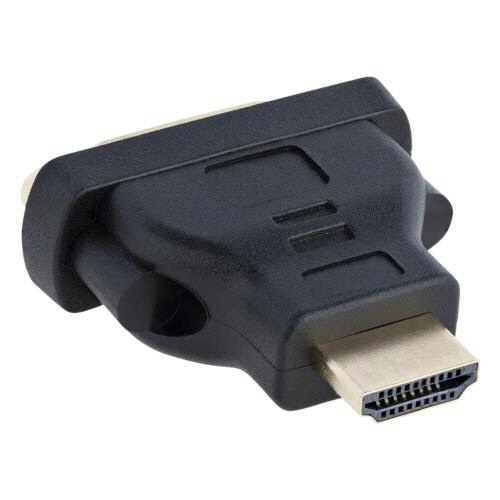 HDMI-DVI-D変換アダプター　ブラック　1個 接続端子部が正面に見える状態、ケーブル部分はしなやかに曲がっている。