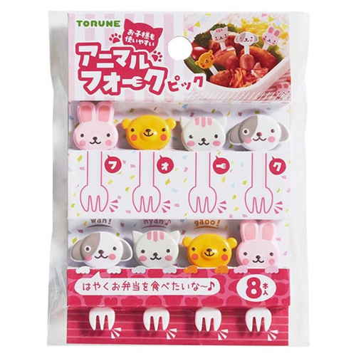 ピック　8本入　アニマルフォークピック カラフルな動物の形をしたフォークピックが整然と並んでいる様子