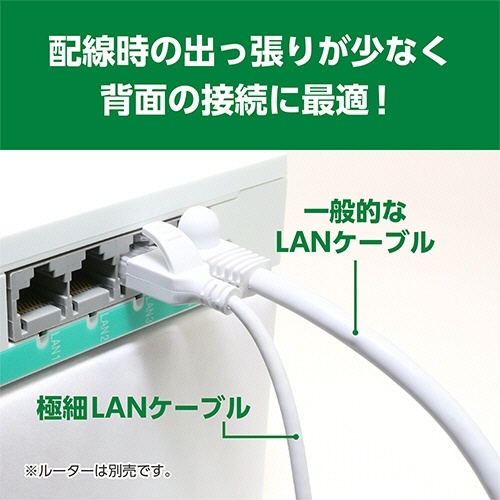 ミヨシ CAT.6A LANケーブル スリム ホワイト 5m 1本 細長い白いLANケーブルが床に置かれ、コネクタ部分が手前を向いている。