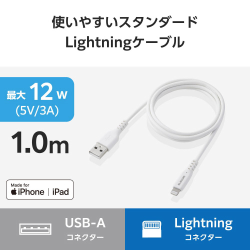 iPhone充電ケーブル 1m ホワイト ゆるやかなカーブのケーブルが真上から見える状態