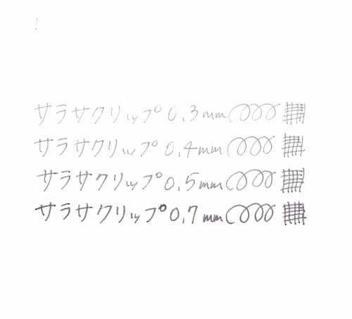 サラサクリップ 0.3mm グレー クリアなボディが特徴の細身のペン、グレーのキャップが見える状態