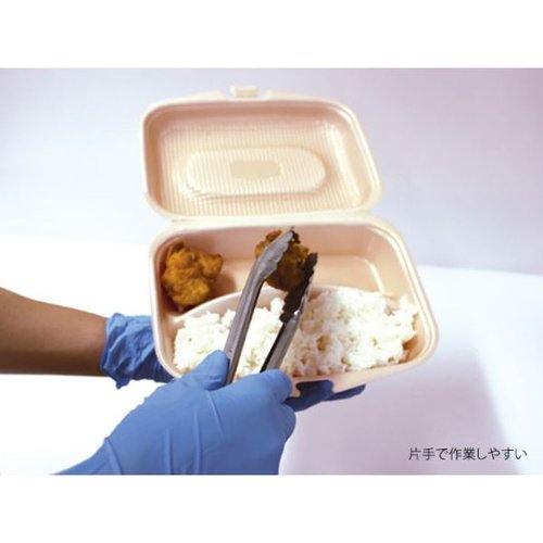 弁当容器 DLVランチ23-18-1 ベージュ エフピコ 蓋が閉じた状態のベージュの弁当容器が横から見える様子