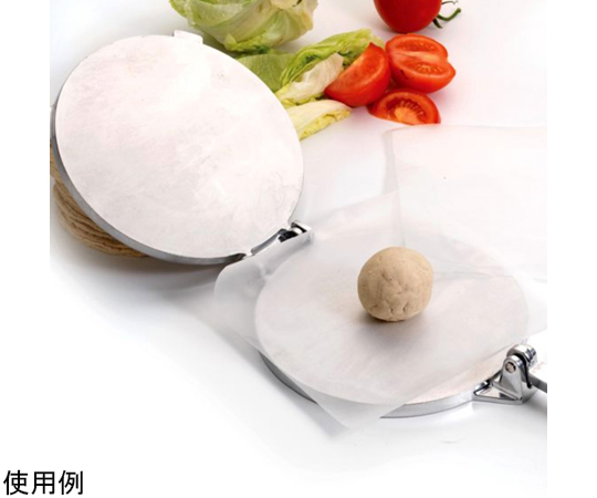 トルティーヤプレス（大）8"TORTILLAPRESS 上から撮影された銀色の金属製プレス、取っ手が垂直に立ち上がった状態