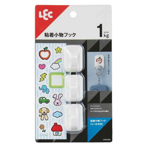 フック　粘着小物フック　シール付き　3個入り　耐荷重1kg 透明なシールで取り付けられたフックが3個並んでいる様子