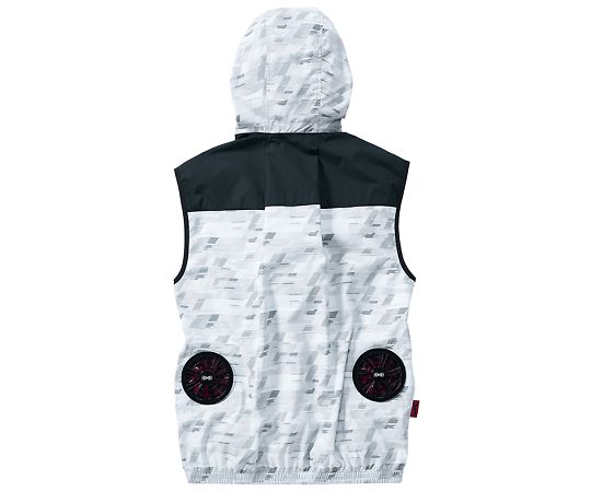 マウンテンパーカータイプの空調服ベスト　シルバーカモフラ　5L 淡いシルバーカモフラ柄のベストが前面に見え、背面は生地が透けて空調機能が強調されている。