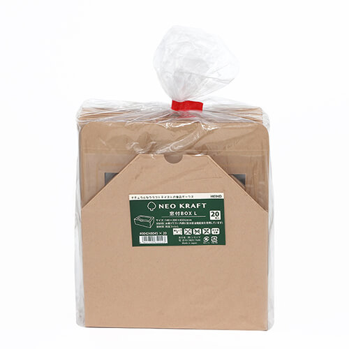 HEIKO 食品容器 ネオクラフト 窓付BOX L 20枚 クラフト色の窓付きボックスが1個、立てて置かれ透明窓と内側の白い面が見える状態