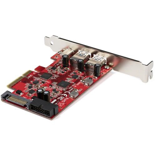 5ポートUSB　PCI　Expressインターフェースカード　レッド　1個 赤色の基板が目立つ、5つのUSBポートが搭載されたインターフェースカードの正面が見える状態。