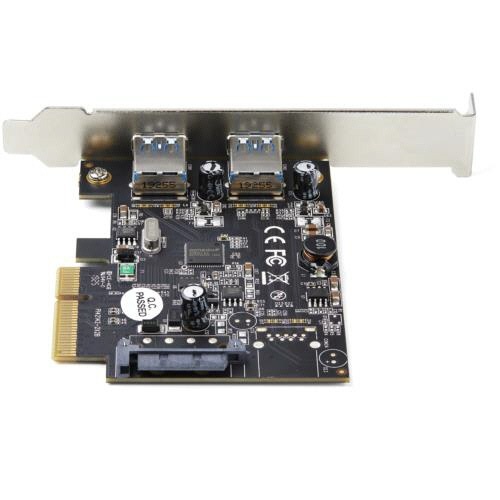 2ポートUSB-A増設PCIeカード　ブラック　1個 黒い基板に金メッキのPCIeコネクタが見え、ブラケット側に長方形のポートが2つ並んだ単体の斜め上からの様子
