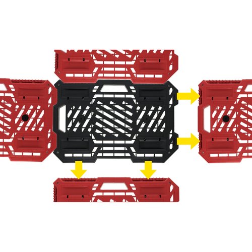 バックヤード備品 TKG リンクライナー 平台車 ブラック 高儀 黒のプラスチック製の大型平台車が横向きに置かれ、ゴム製のキャスターが鮮明に見える状態