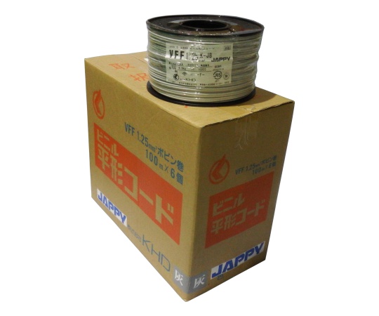 ビニル平形コード　VFF　1.25mm灰　1巻(100m入) 巻かれた状態で円筒形のパッケージが見える、グレーのビニルコードの表面。