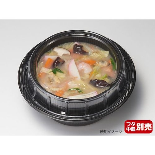 どんぶり容器 麺丼 本体 (490) 黒 リスパック 艶のある黒色の容器が横向きに置かれている状態
