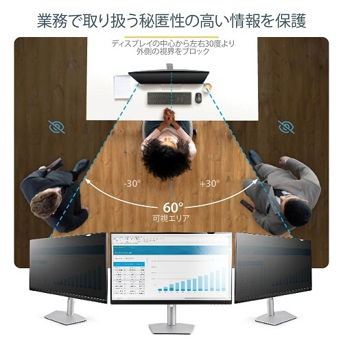 のぞき見防止プライバシーフィルター　34型ワイドモニター用/21:9アスペクト比対応　1枚 透明なフィルターが装着されたワイドモニターの正面、暗いバックグラウンドに溶け込む様子