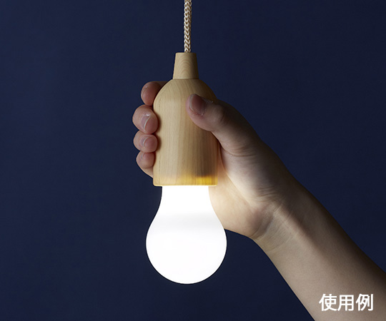 ひっぱり点灯ライト　木目タイプ 商品が点灯した状態で、木目調の表面が見える。