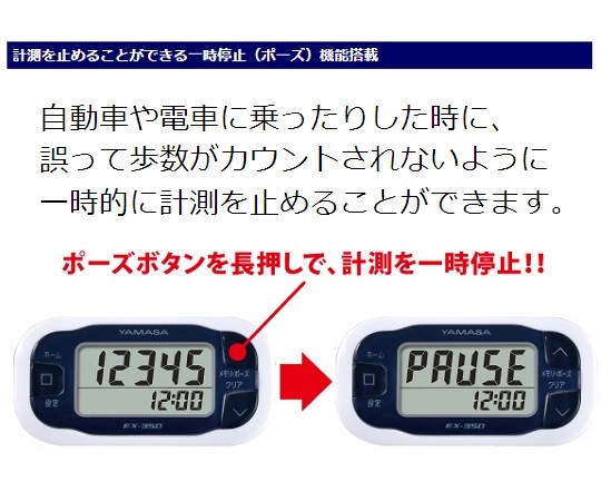 万歩計 ポケット万歩（R） ネイビー ディスプレイが正面を向いた状態で、ボタンとディスプレイがはっきりと見える様子。