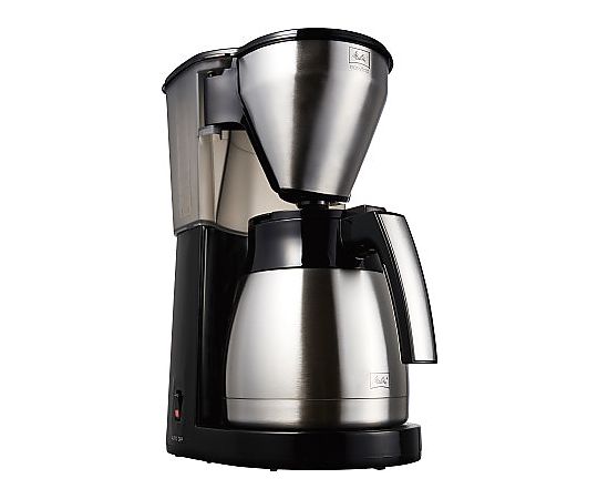 コーヒーメーカーイージートップサーモ 10杯用 黒いボディのコーヒーメーカーがシルバーのアクセントとともに正面から全体が見える状態