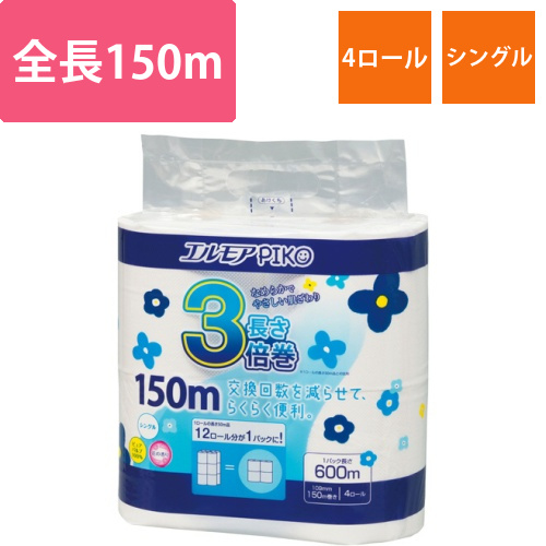 エルモア　ピコ　3倍巻トイレットロール　花の香り　シングル　150m　1パック(4ロール)画像