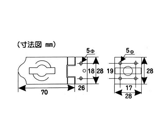 ステンストップ掛金　EX-70mm 金属製の掛金が正面から見える状態で、表面には光沢がある