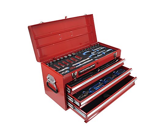 メカニックツールセット　3/8DR　59PCS 整然と並んだ異なるサイズの工具が収められたケースの内部