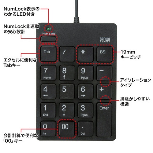 USBテンキー(Type-Cコネクタ)　ブラック　1個 シンプルなデザインのテンキーが正面から見える状態