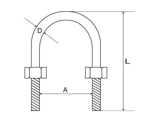 U型ボルトナット　1/2×4 金属製の部品が並んでいる様子、表面は磨かれた光沢があり。