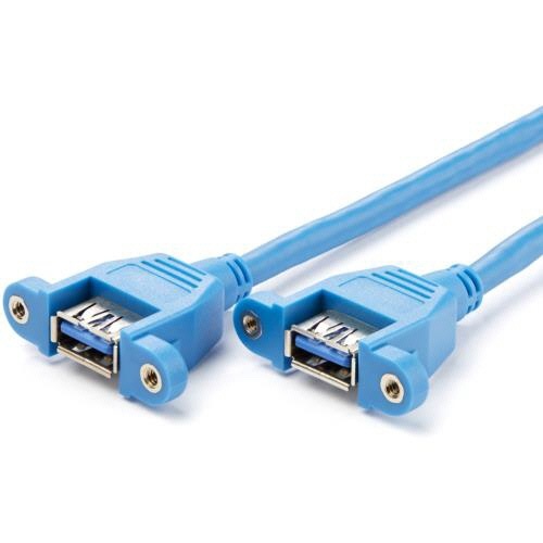 マザーボードピンヘッダー接続USB　2ポート増設ケーブル　USB　A×1-IDC　20ピン　ブルー　1本 コネクタが見える状態で、青色のケーブルが整然と伸びている様子