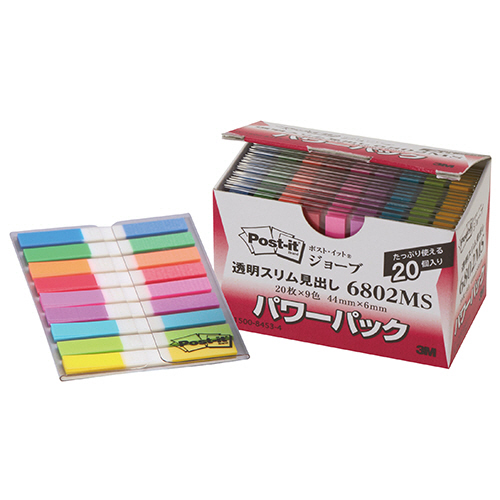 ﾎﾟｽﾄ･ｲｯﾄ ｼﾞｮｰﾌﾞ ﾊﾟﾜｰﾊﾟｯｸ 透明ｽﾘﾑ見出し 44×6mm 9色×20ﾊﾟｯｸ 1箱画像