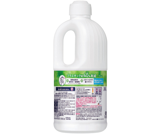 キュキュット　オレンジ　詰替用　1250mL パッケージの上部が見える状態で、透明な液体とオレンジ色のデザインが目を引く。