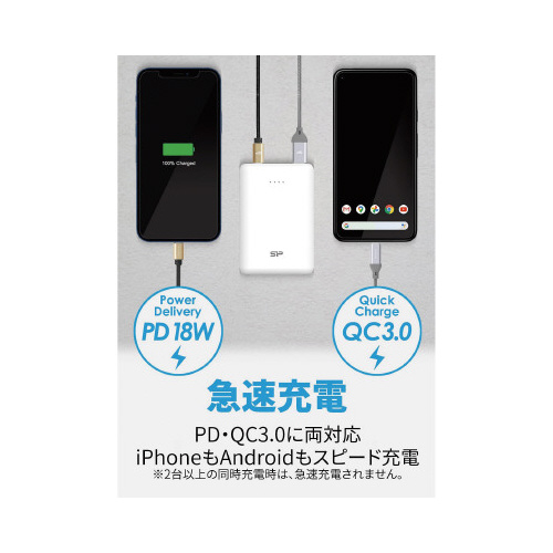 10000mAh　モバイルバッテリー　ホワイト プラグ部分が見えた状態で横向きに置かれている様子