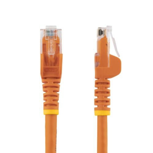カテゴリ6　LANケーブル　RJ45モールドコネクタ　ツメ折れ防止　3m　オレンジ　1本 オレンジ色のLANケーブルが放射状に広がっている様子、ツメ折れ防止設計が確認できる。