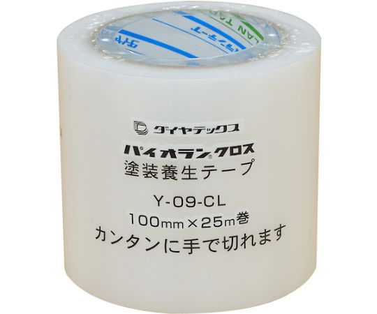 塗装・建築養生用テープ 100mmx25m クリア 透明なテープがロール状に巻かれ、テープの幅が強調された状態