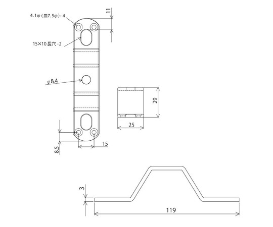補助金具ステイ　クローム　3mm×25mm×119mm 光沢のあるクローム製の補助金具が横向きに配置され、長さや厚みが際立つ状態